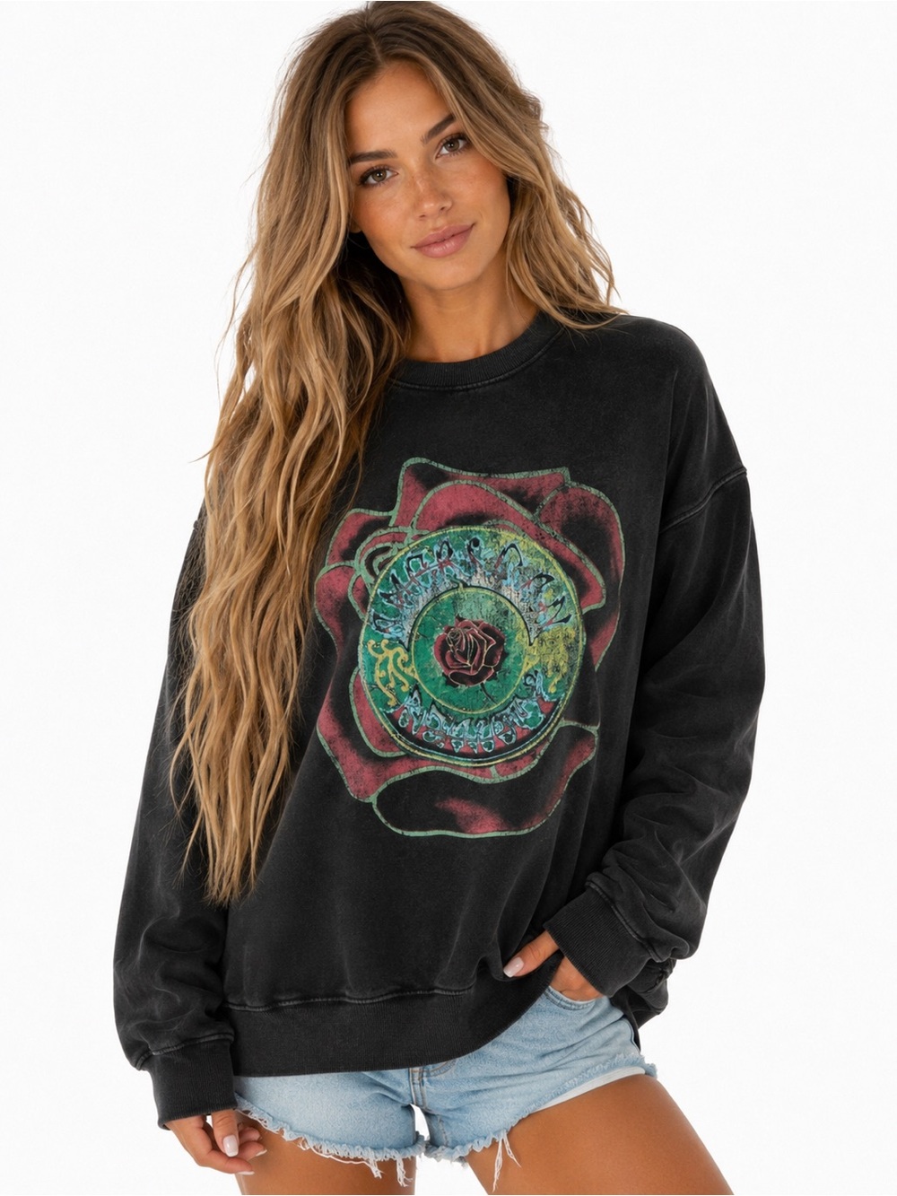 Grateful Dead 50th Anniversary Sweatshirt Rose Steal Your Face Black Small